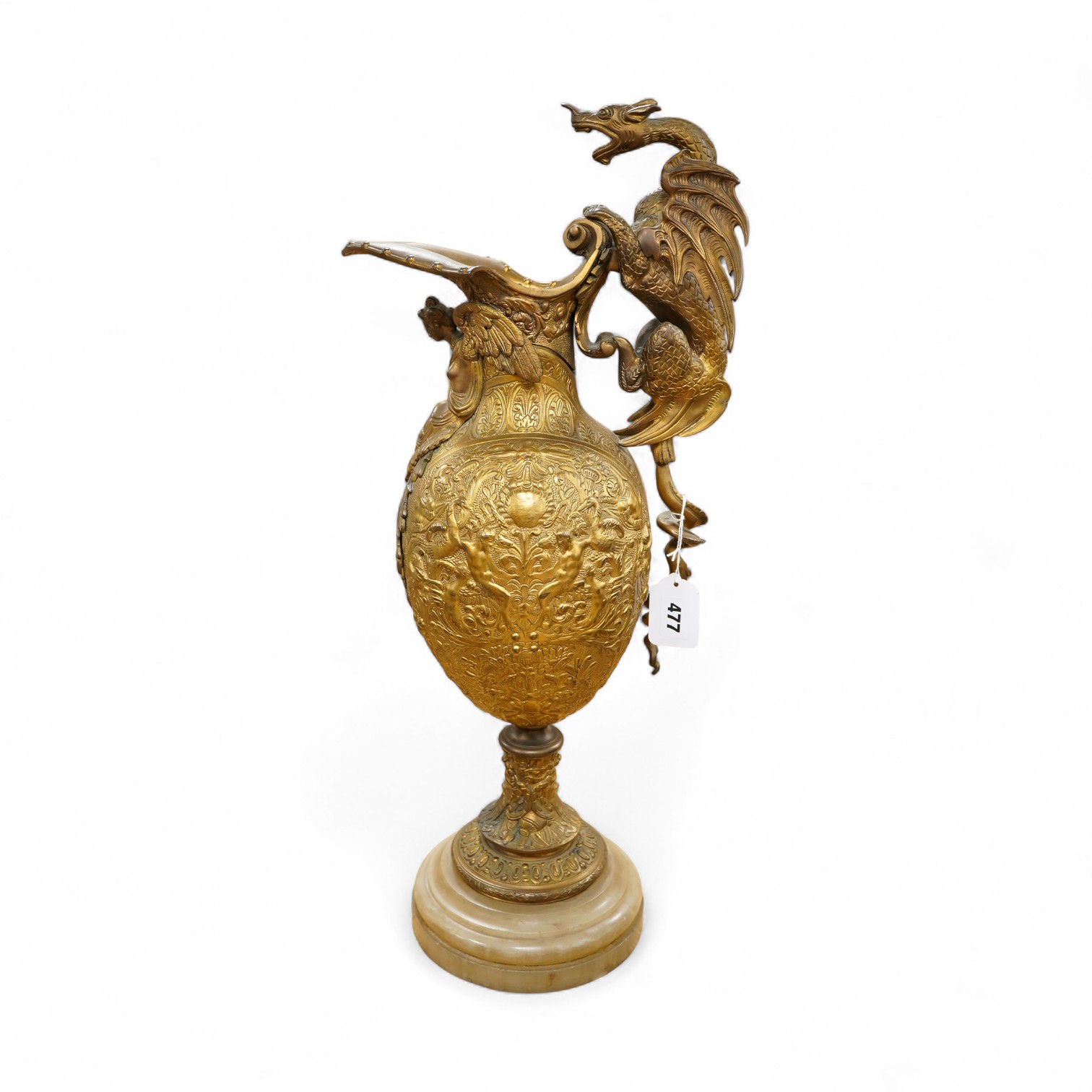 A late 19th century Renaissance-style ewer with dragon handle, 65cm high